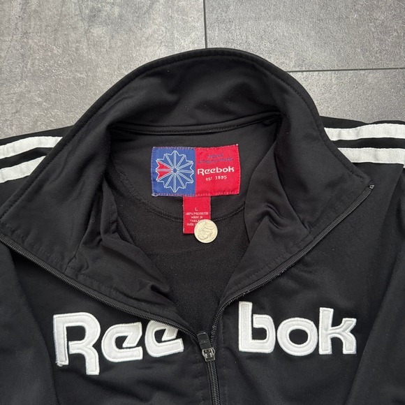 Reebok Great Britain Mens Track Jacket Black Striped Full Zip Embroidered Large - Picture 3 of 7